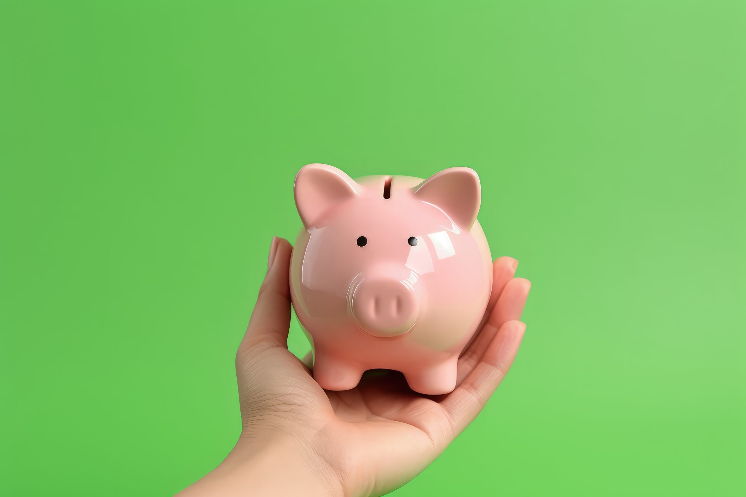 Piggy bank of pink coins on a green background.