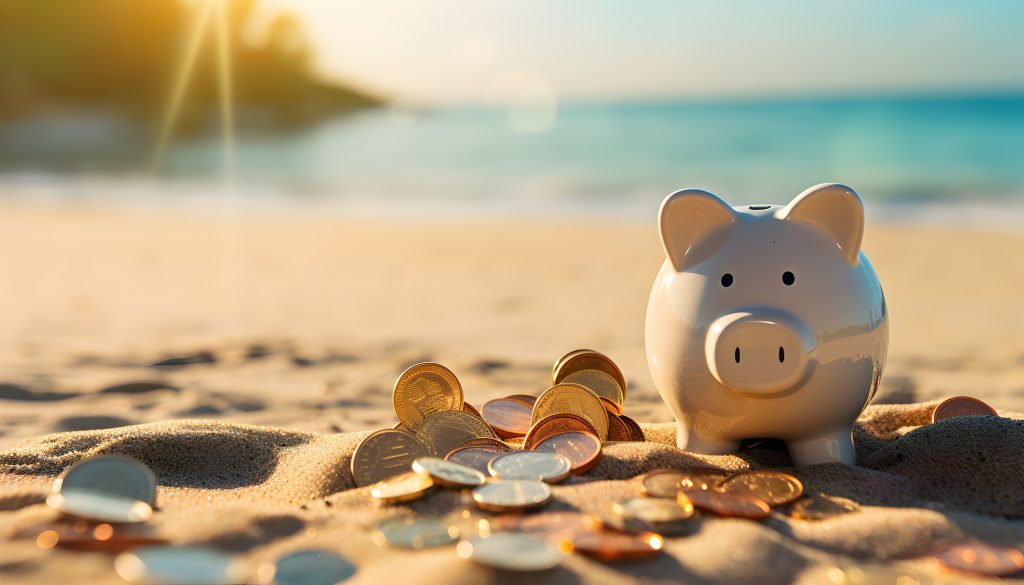 Piggy bank on the beach with coins, savings concept for vacations.