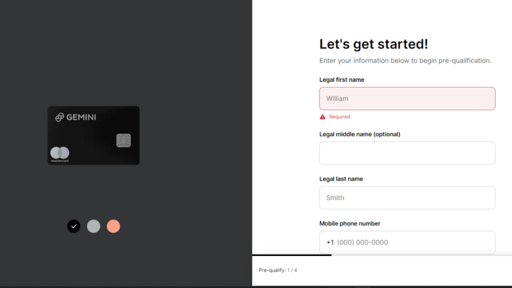 Gemini Credit Card® application page