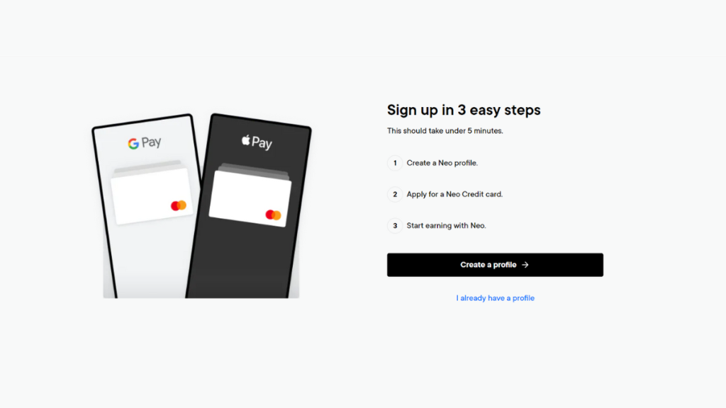 Neo Credit Card sign-up page