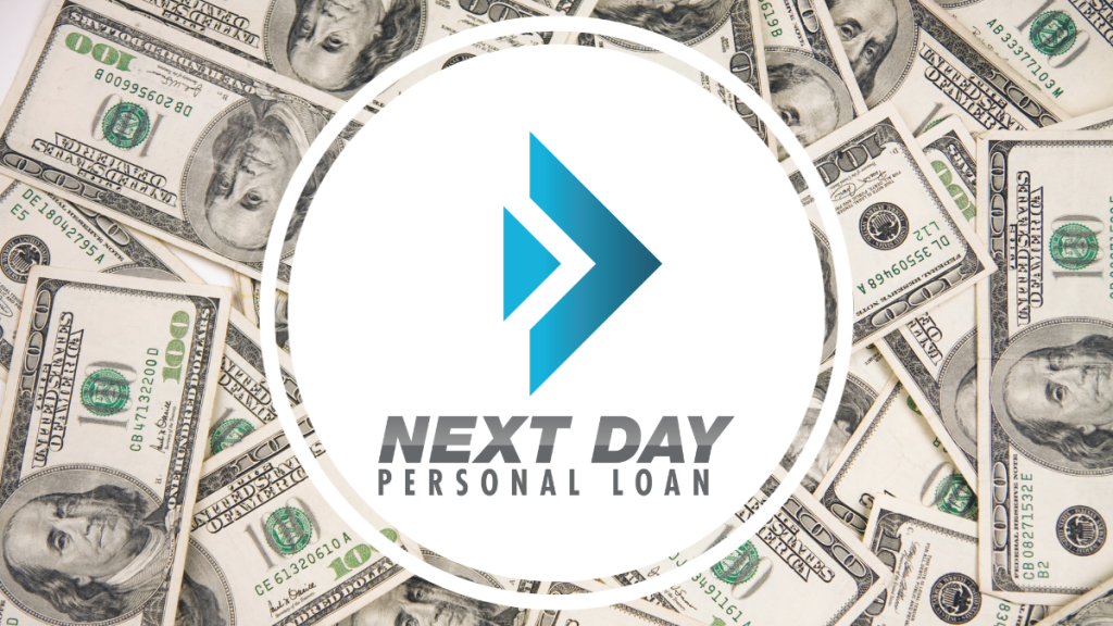 Next Day Personal Loan logo on a white background, with dollar bills on the back