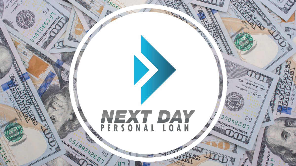 Next Day Personal Loan logo on a white background, with dollar bills on the back