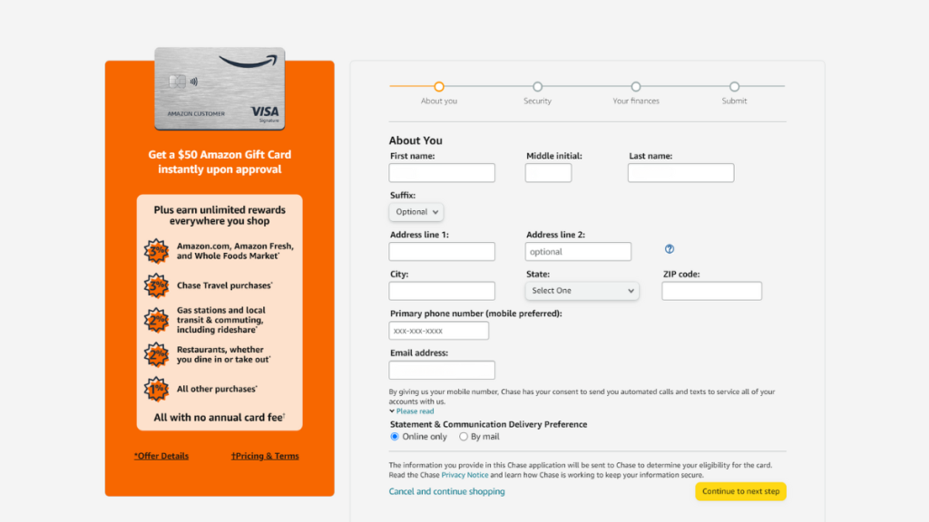 Prime Visa Credit Card application page