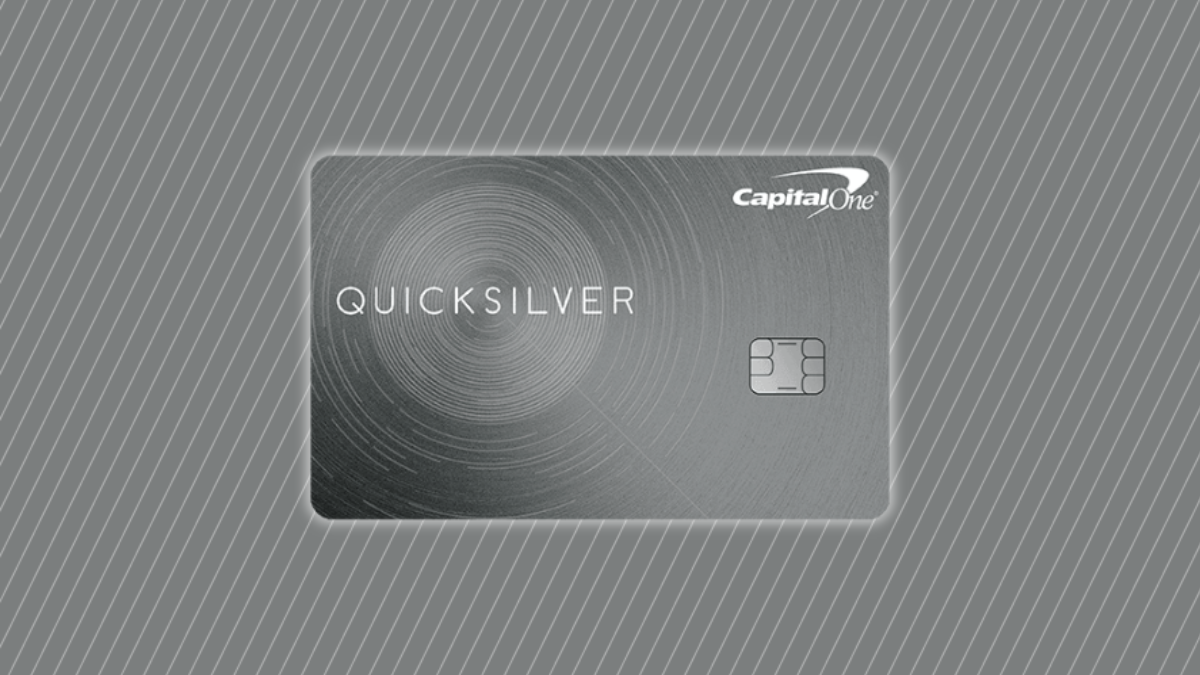 Quicksilver Cash Rewards Credit Card on a grey background with white stripes