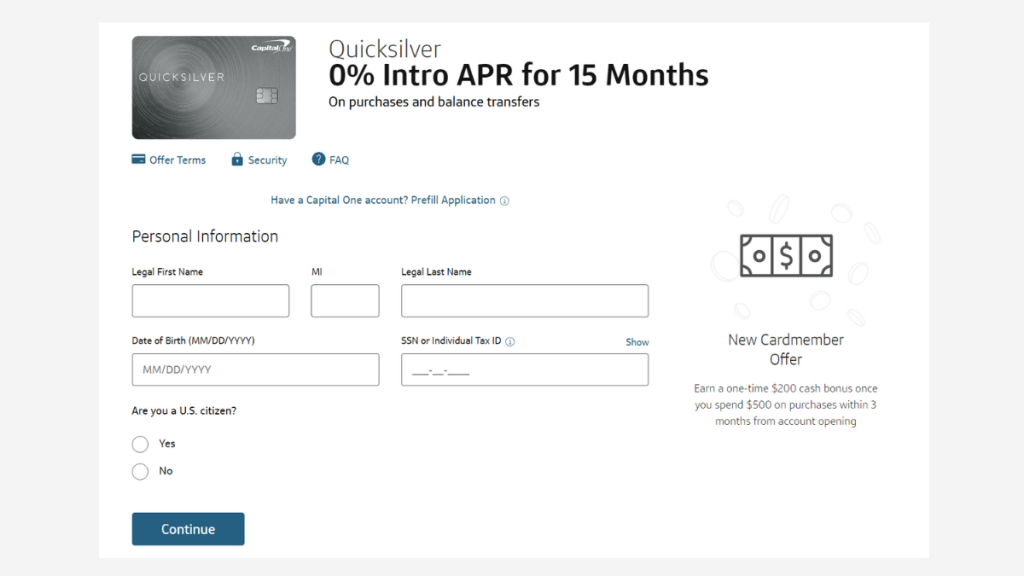 Quicksilver Cash Rewards Credit Card application page