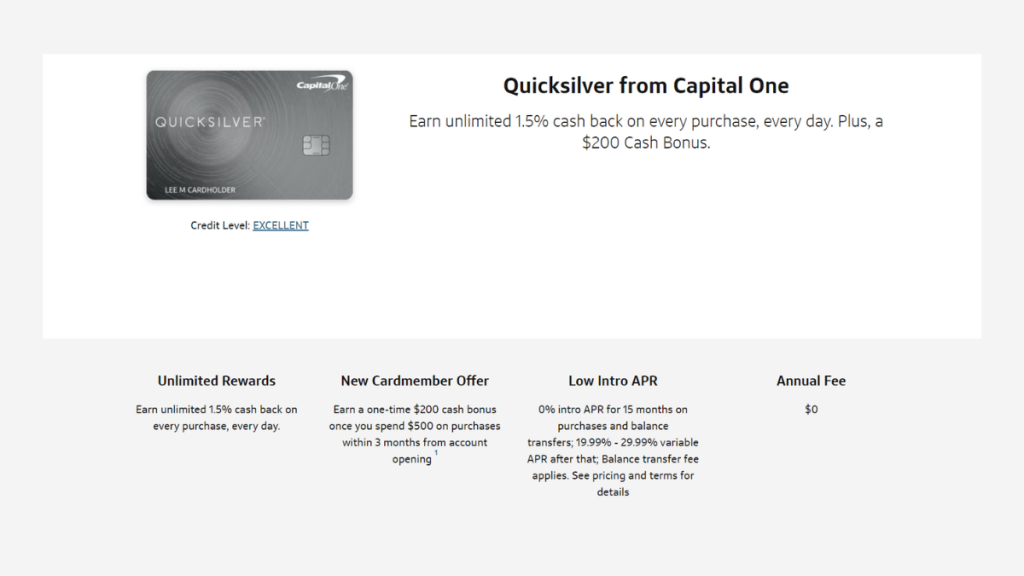 Quicksilver Cash Rewards Credit Card benefits page