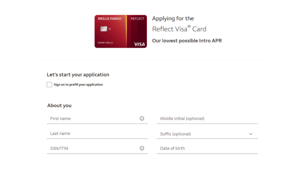 Wells Fargo Reflect® Card application page