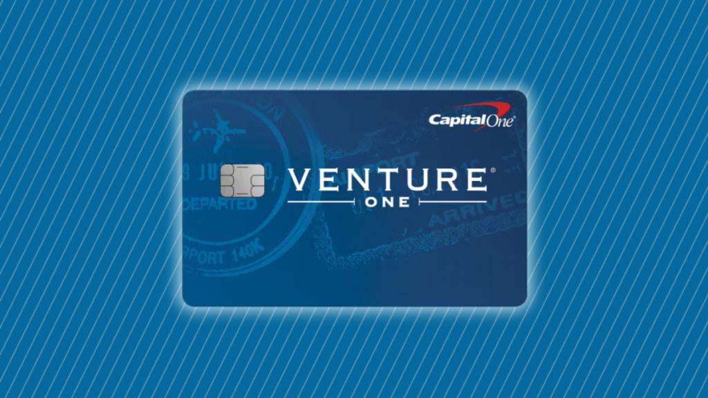 VentureOne Rewards Credit Card on a blue background with white stripes