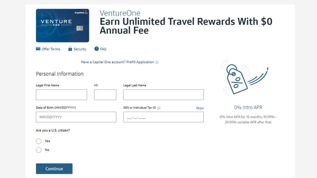 VentureOne Rewards Credit Card application page